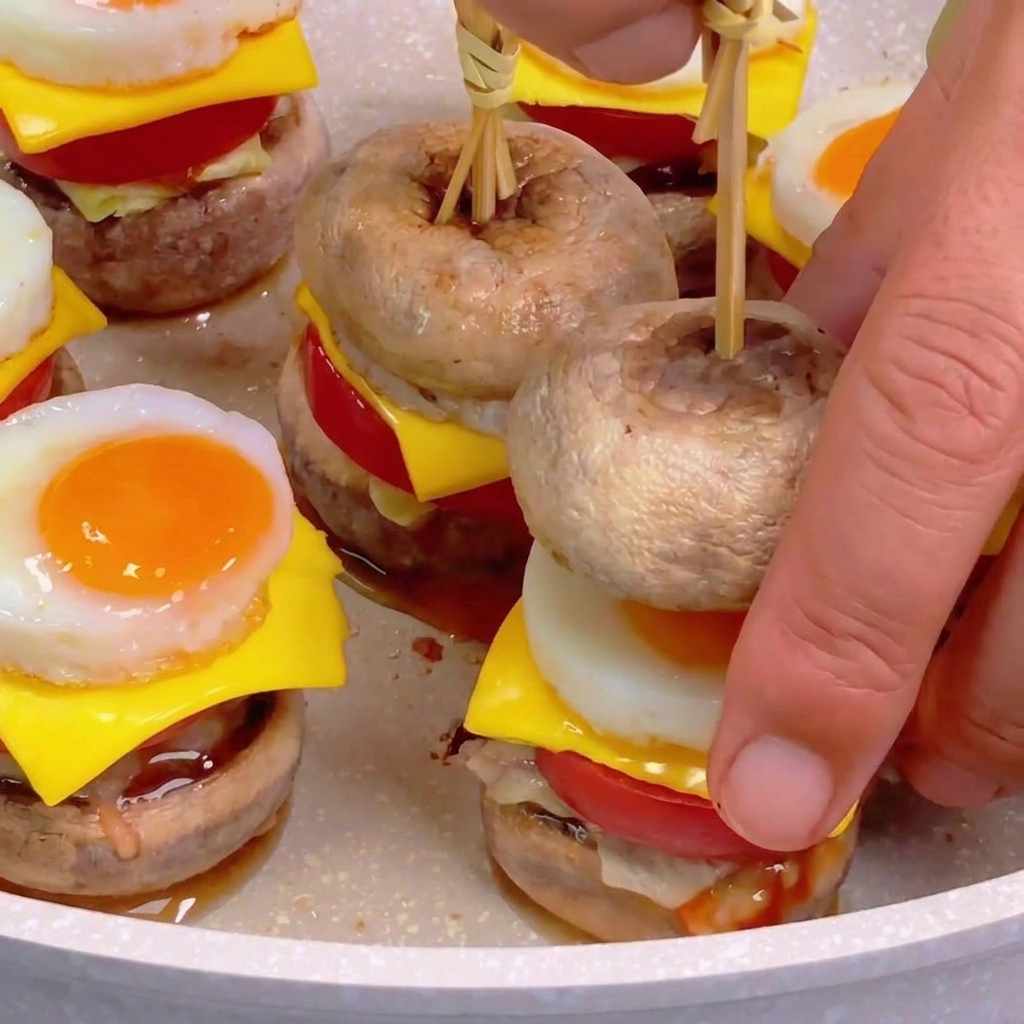 Manos colocando un segundo champiñón sobre una mini hamburguesa y asegurándola con una brocheta de bambú anudada.