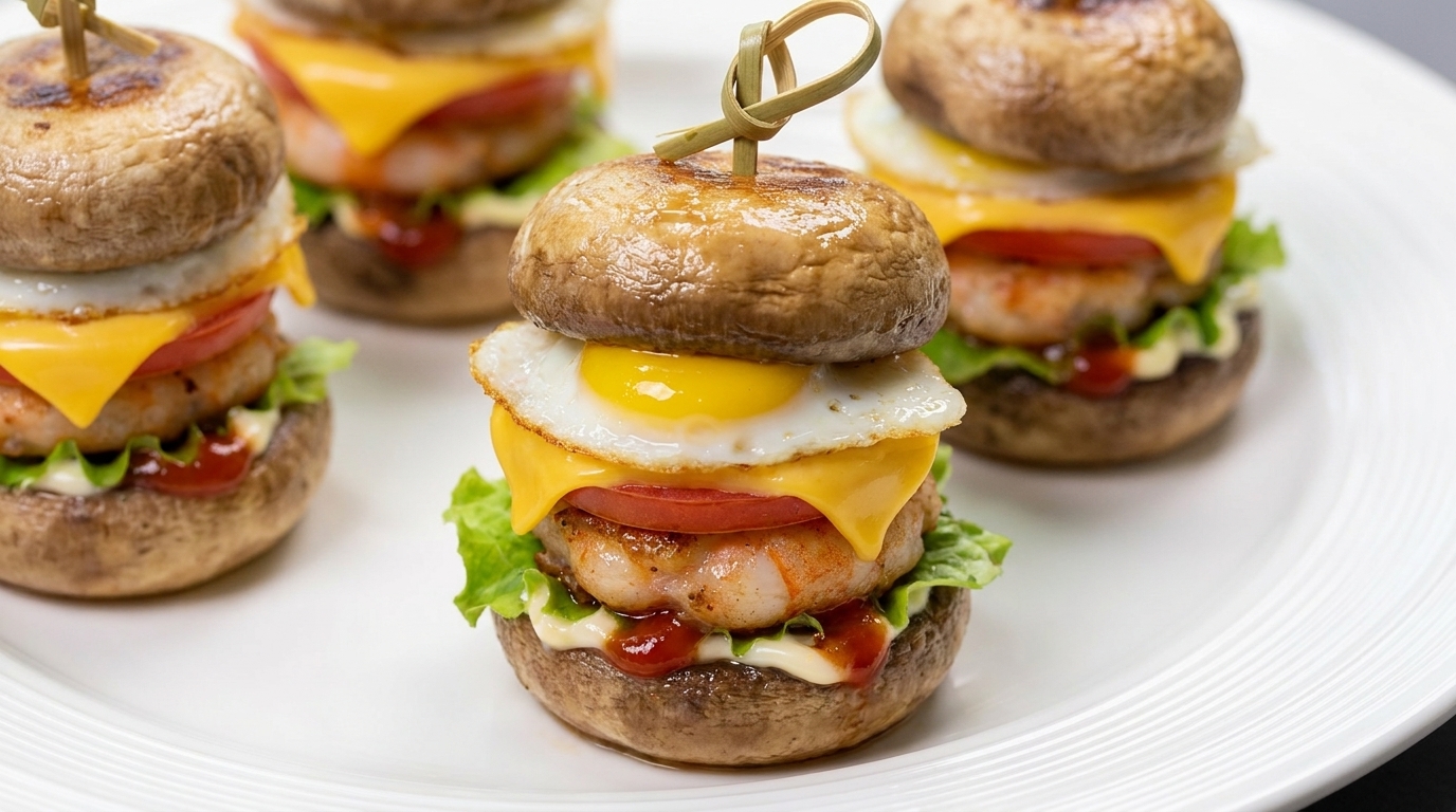 Mini Hamburguesas de Champiñón con Camarón y Huevo de Codorniz