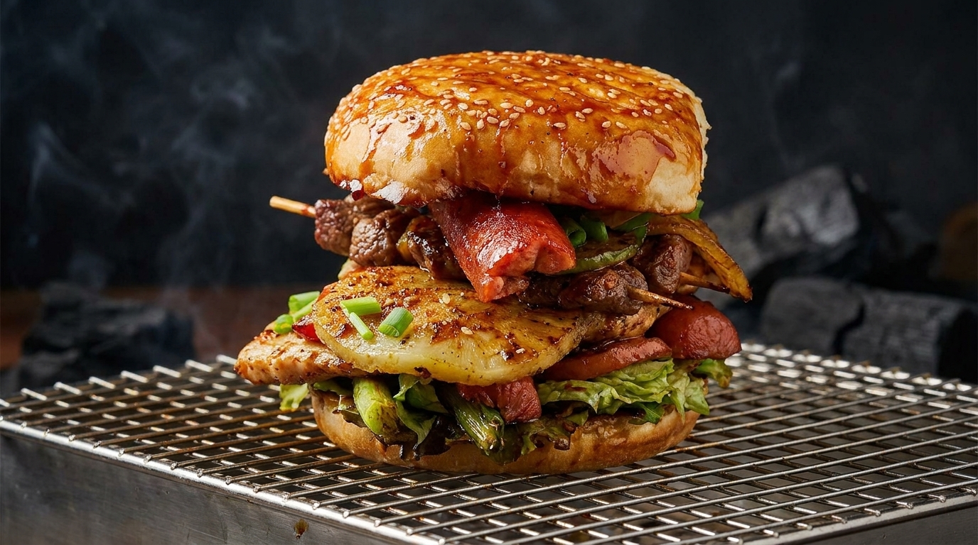 La Torre BBQ: Hamburguesa Gigante con Brochetas a la Parrilla