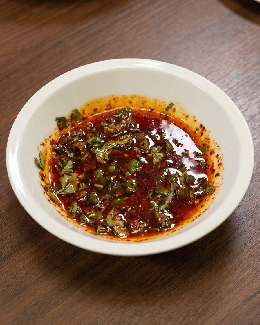 Bol blanco con un marinado de chile y aceite bien mezclado, con trocitos visibles de cilantro verde.
