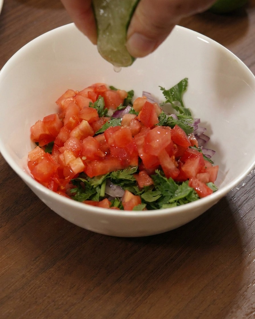 Una mano exprimiendo una rodaja de lima sobre un bol con tomate, cebolla y cilantro picados.