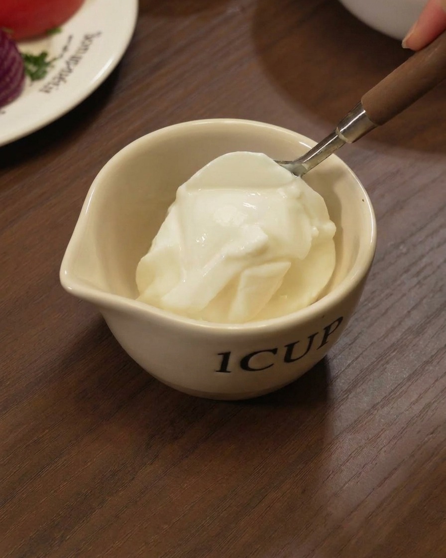 Una cuchara de metal colocando una porción de yogur blanco espeso en una taza blanca pequeña.