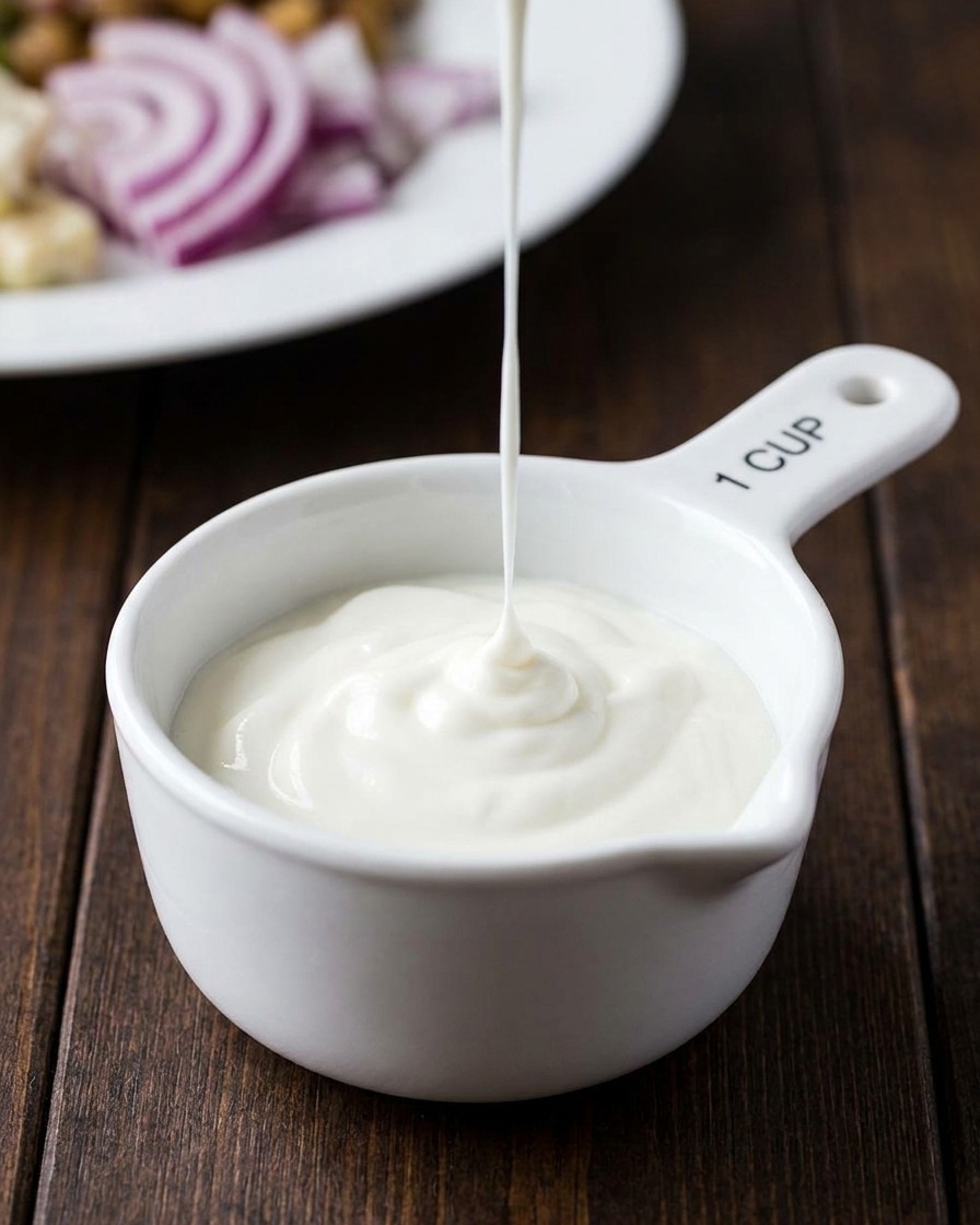 Un chorro de mayonesa blanca cremosa vertiéndose en una taza cerámica con yogur.