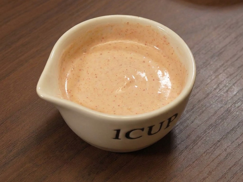 Taza cerámica blanca con una salsa para hamburguesa de color naranja rosado bien mezclada sobre una mesa de madera.
