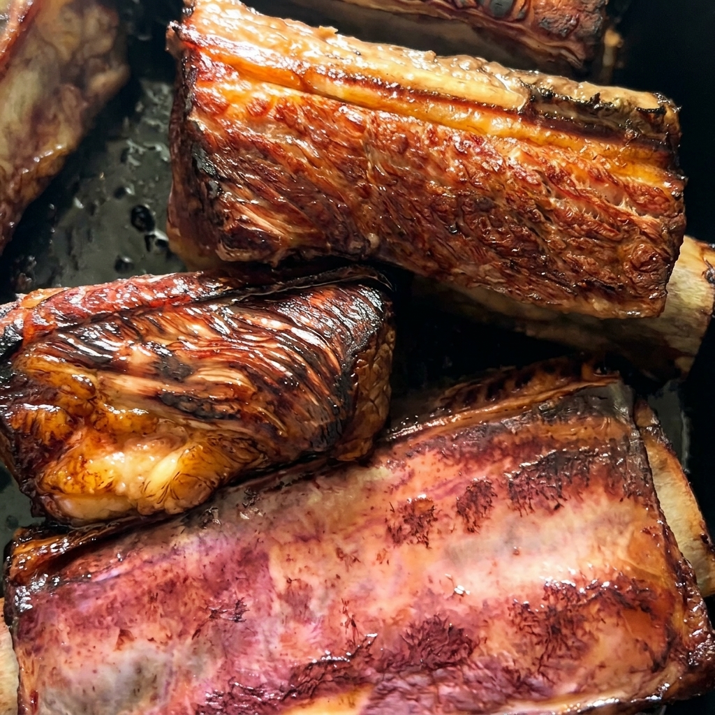 Un primer plano de costillas de res gruesas con una costra profundamente caramelizada por el sellado.