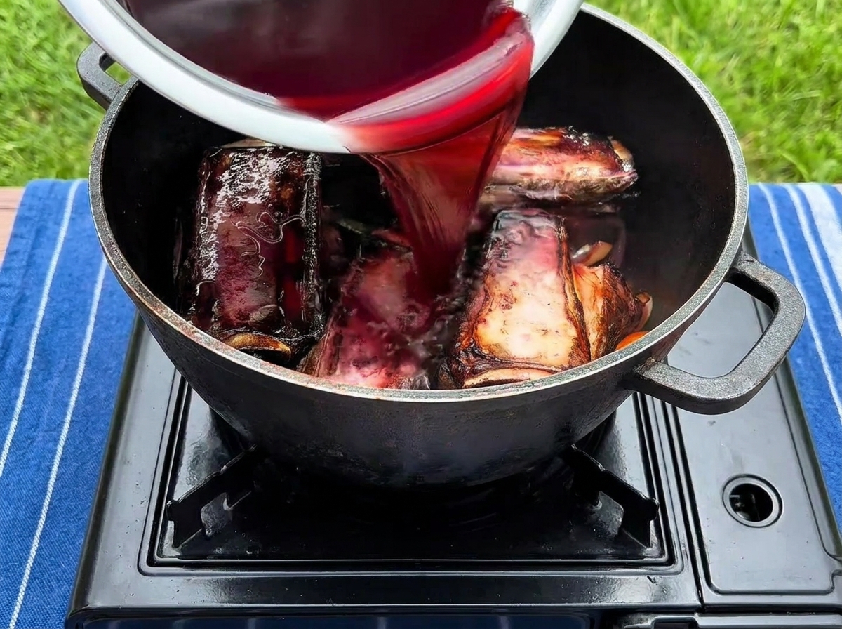 Un marinado de vino tinto oscuro vertiéndose desde un tazón de metal en una olla de hierro fundido con costillas selladas y vegetales aromáticos.