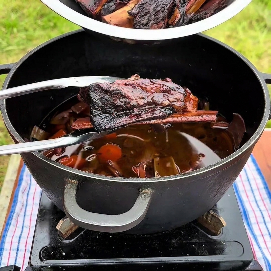 Pinzas de metal levantando una gran costilla de res braseada de una olla negra llena de líquido de cocción espeso y zanahorias suaves.