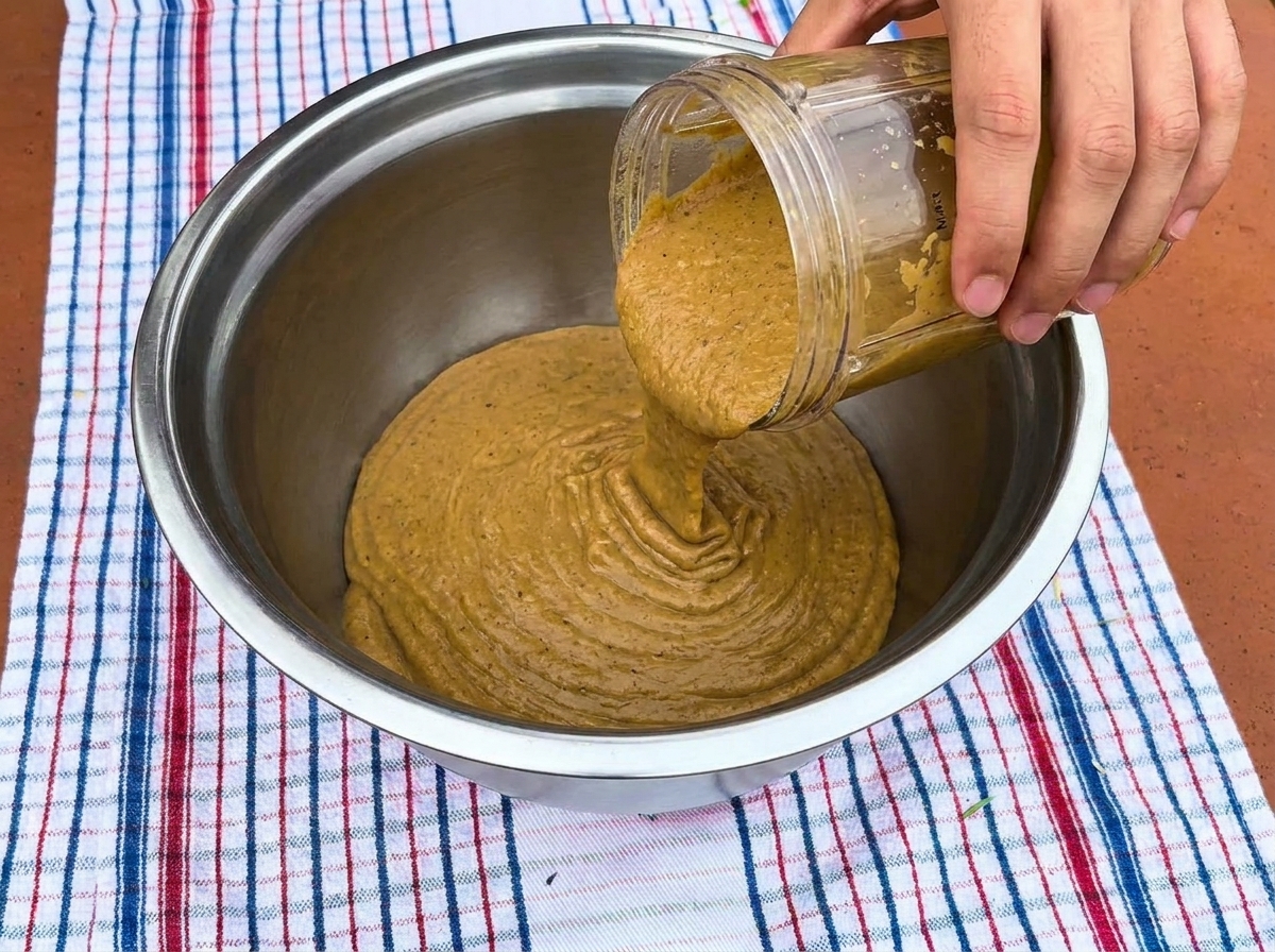 Manos vertiendo un puré de vegetales espeso desde el vaso de una licuadora hacia un tazón de acero inoxidable.