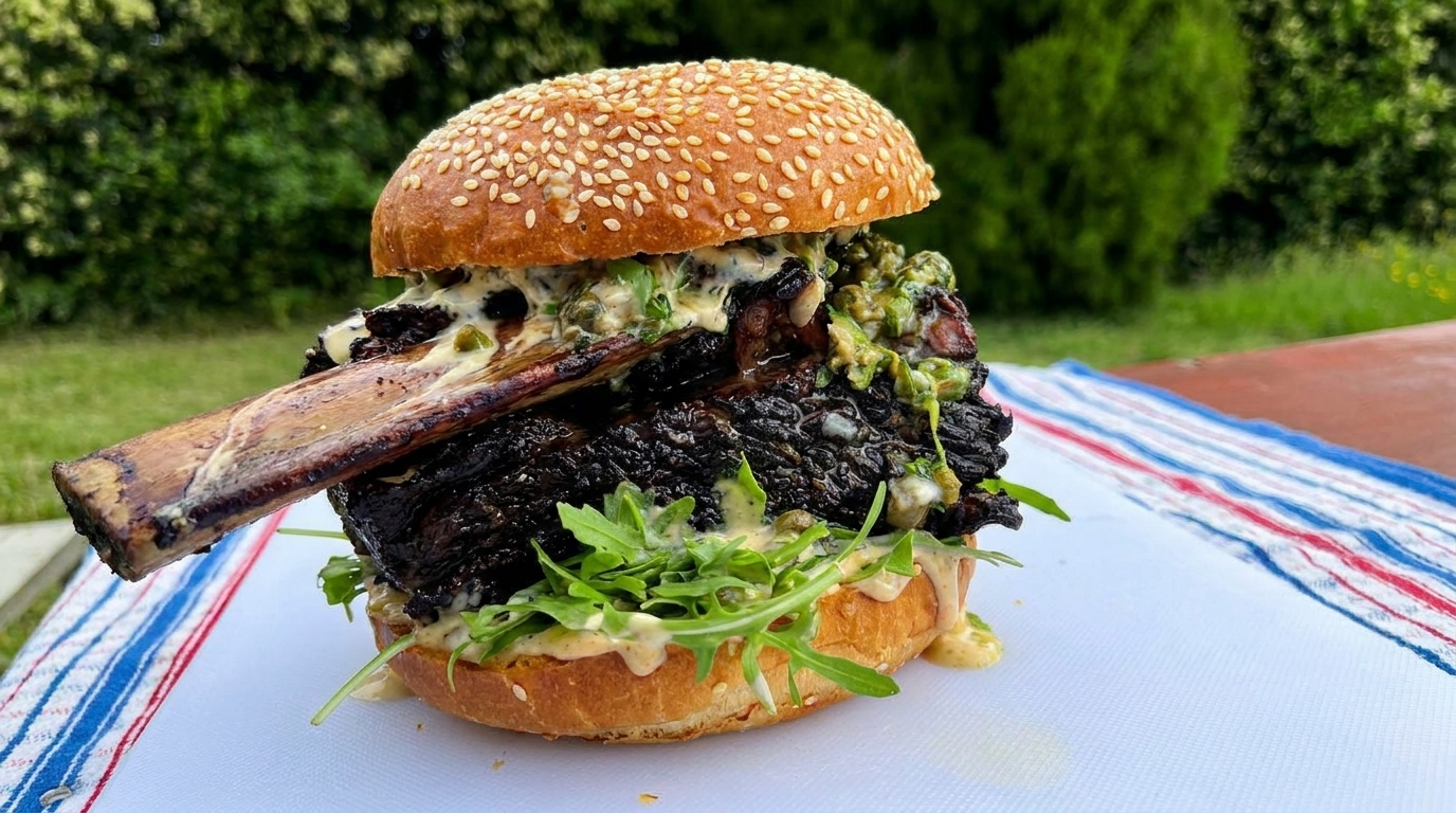 Una imponente hamburguesa de costilla de res braseada con rúcula, salsa cremosa de vino y un brillante relish de alcaparras en pan con sésamo