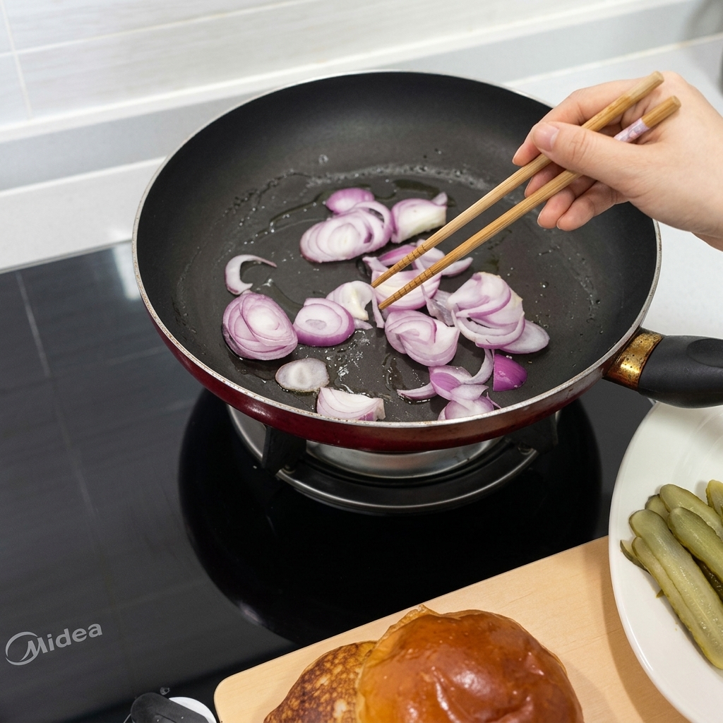 Rodajas de cebolla morada salteándose con palillos en una sartén hasta que estén blandas y aromáticas.
