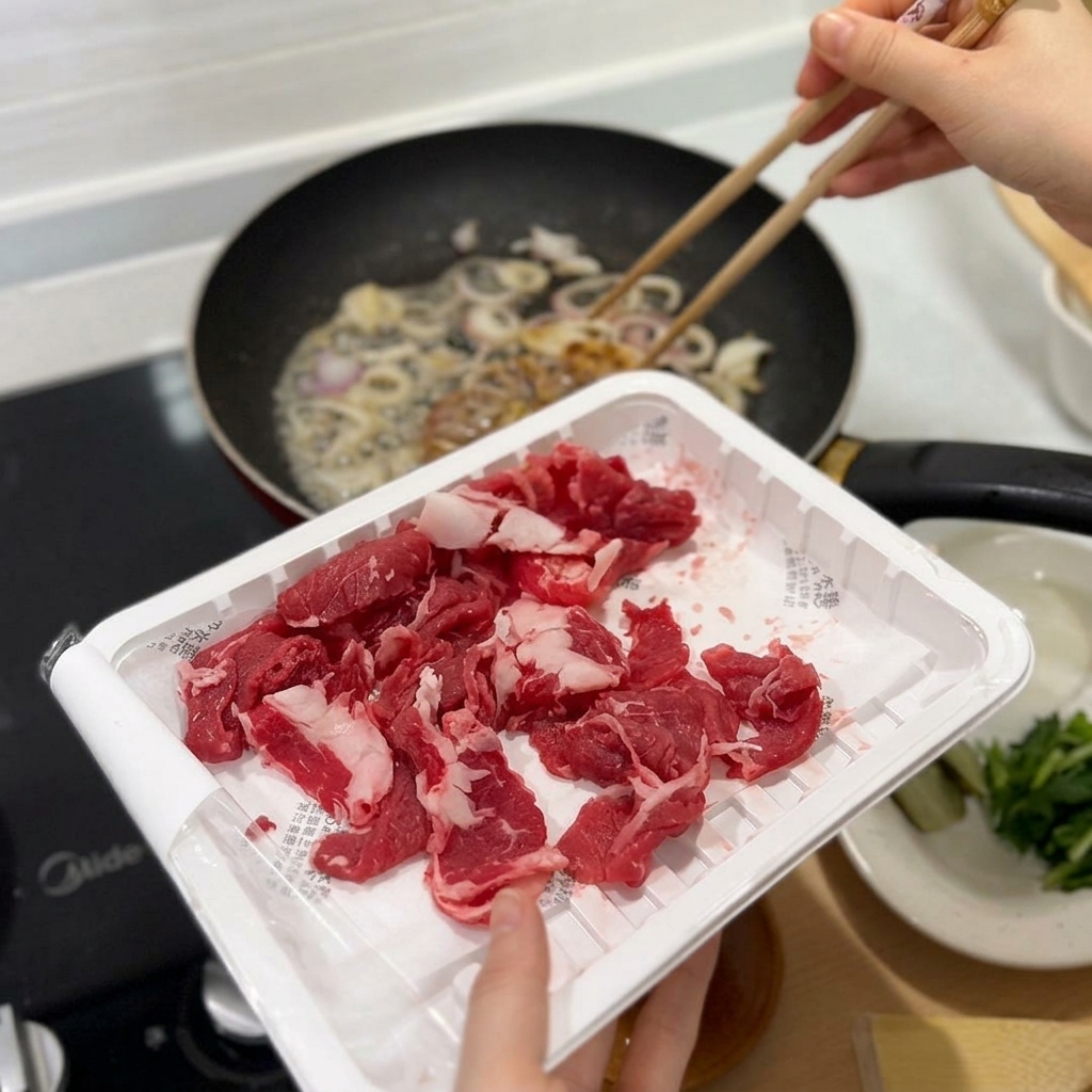 Un recipiente con carne de res fresca y finamente picada sostenido sobre una sartén con cebollas salteadas.