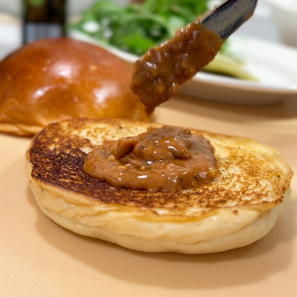 Un cuchillo untando una salsa de cacahuete espesa sobre la superficie dorada de un pan brioche tostado.