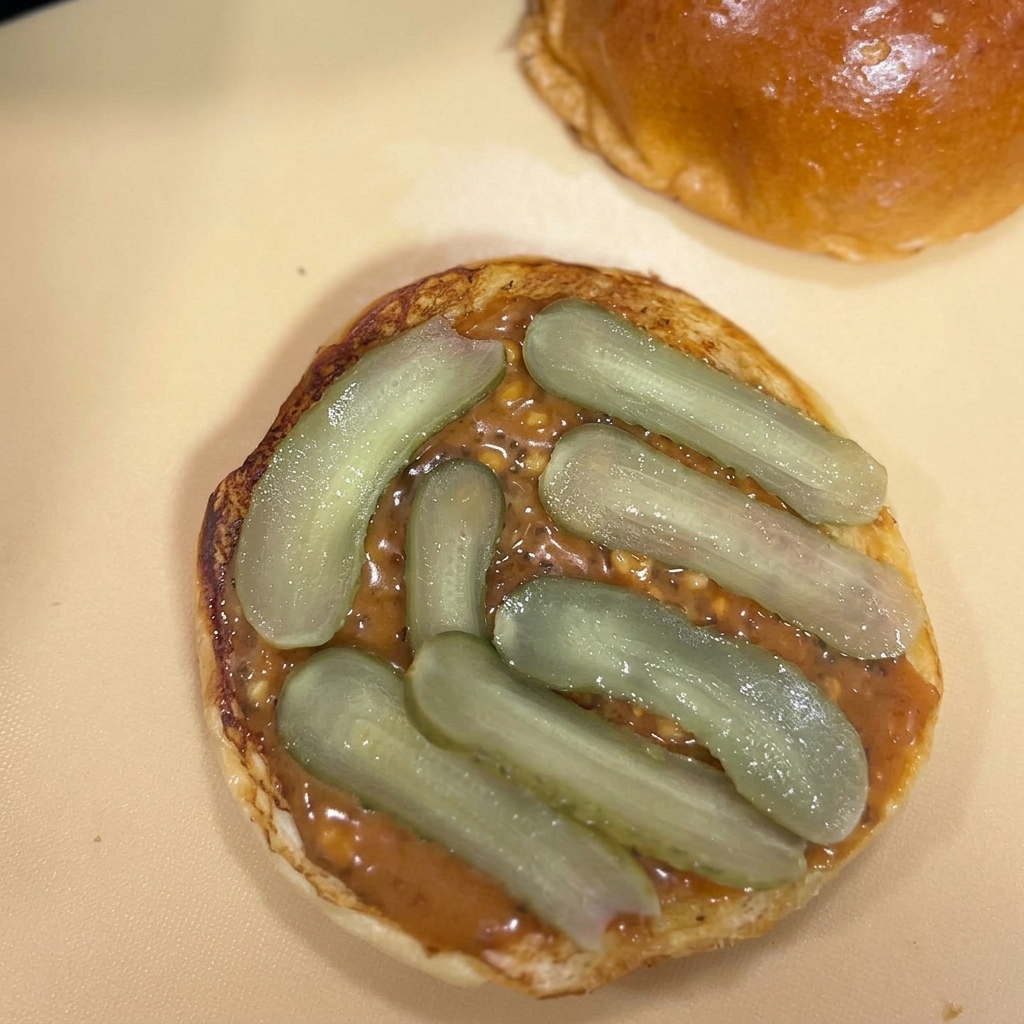 Rodajas de pepinillos verdes dispuestas de forma plana sobre una salsa marrón untada en un pan brioche tostado.