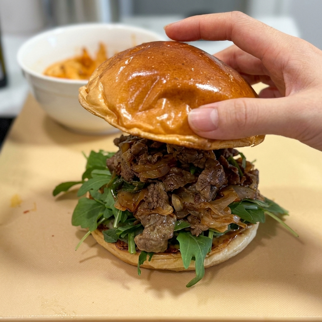 Una mano colocando la tapa brillante de un pan brioche tostado sobre una hamburguesa completa de carne con queso y rúcula.