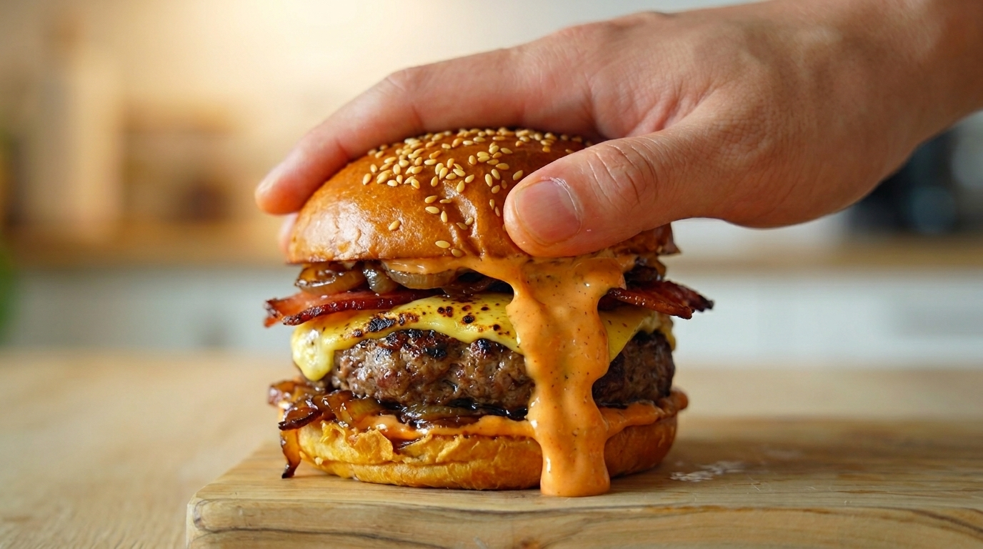 Hamburguesa Gourmet de Ternera con Cebolla Caramelizada y Beicon