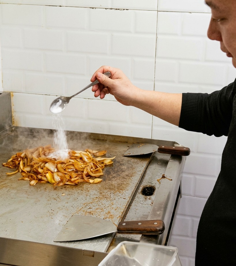 Azúcar blanco granulado siendo vertido desde una cuchara sobre un montón de cebollas marrones profundamente caramelizadas en una plancha.