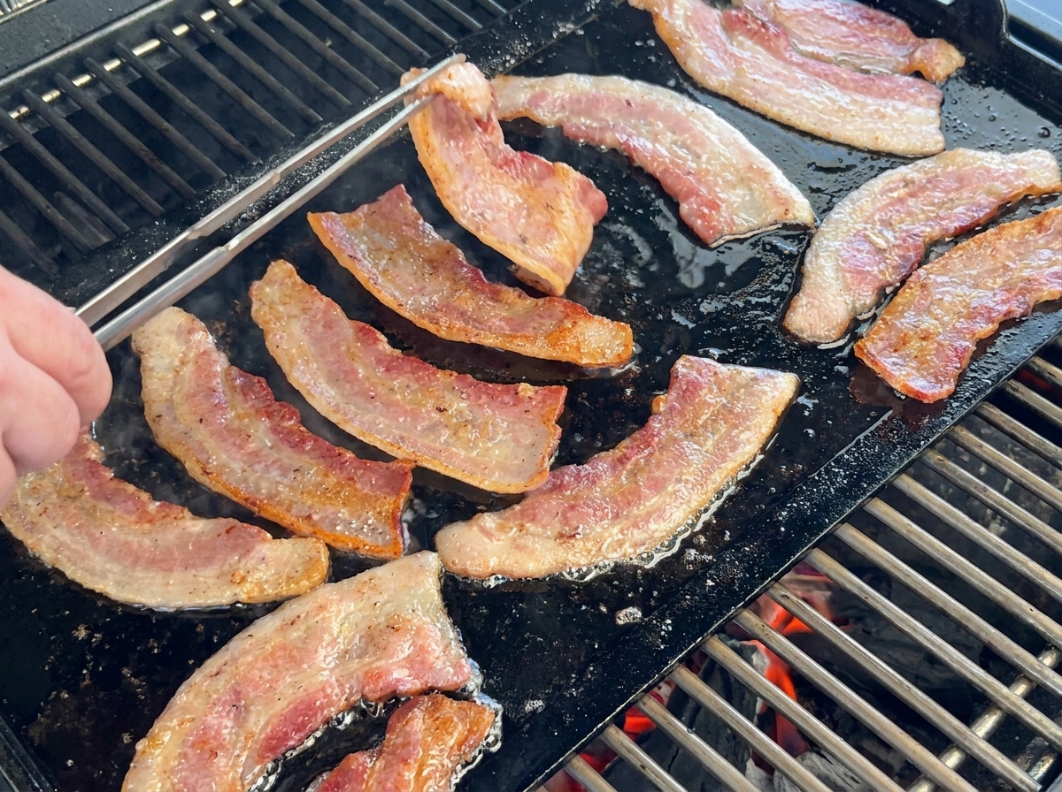 Tiras gruesas de tocino cocinándose en una plancha sobre una parrilla caliente, con unas pinzas volteando una tira.