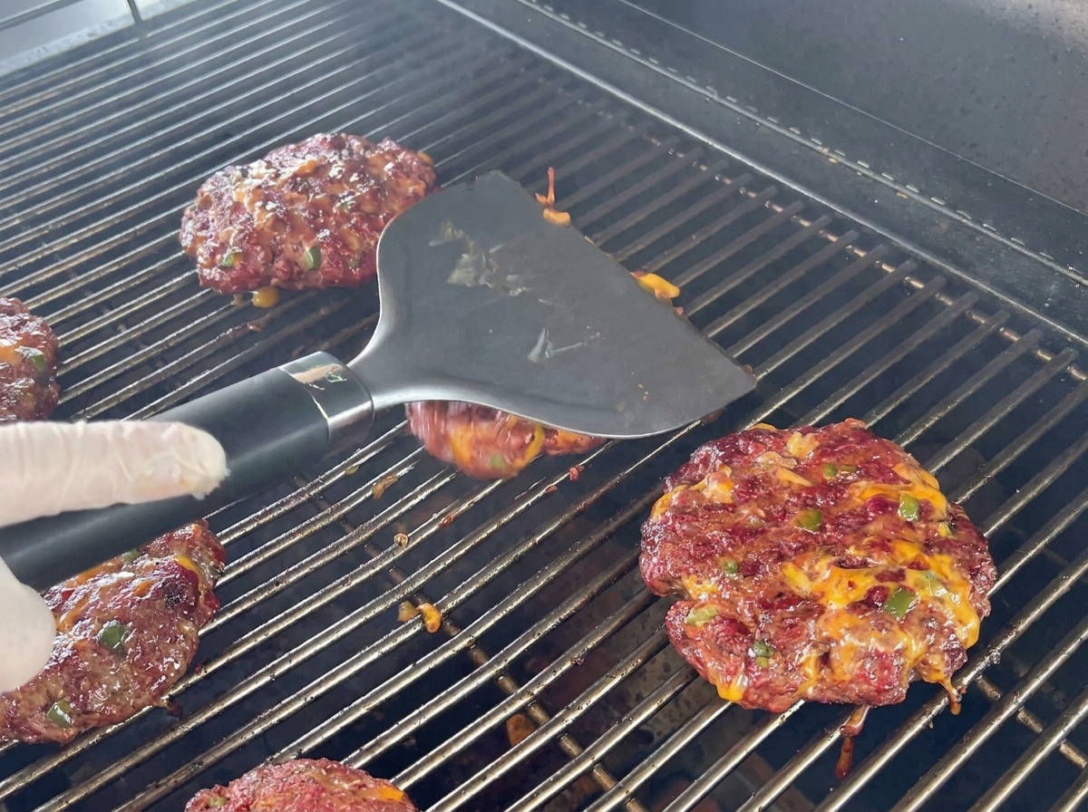 Hamburguesas gruesas de res mezcladas con queso y pimientos cocinándose en las rejillas de una parrilla, con una mano usando una espátula negra.