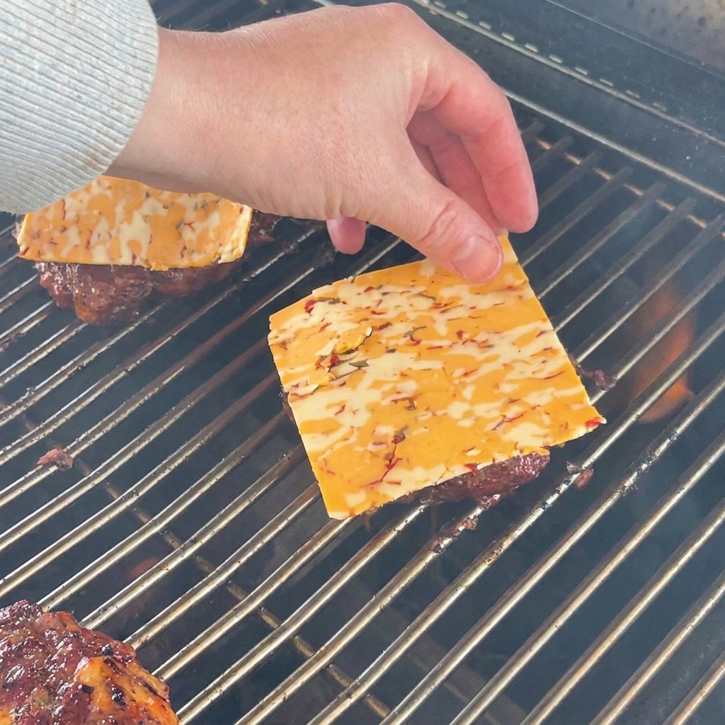 Una mano colocando con cuidado una rebanada cuadrada de queso cheddar jaspeado sobre una carne de hamburguesa dorada en la parrilla.
