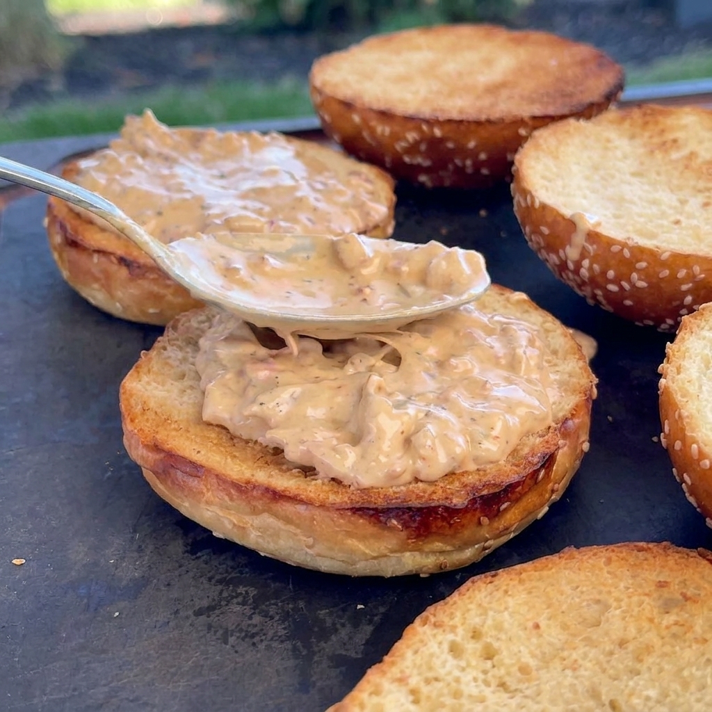 Una cuchara de metal aplicando una capa generosa de salsa cremosa de tocino sobre panes de hamburguesa con ajonjolí tostados.
