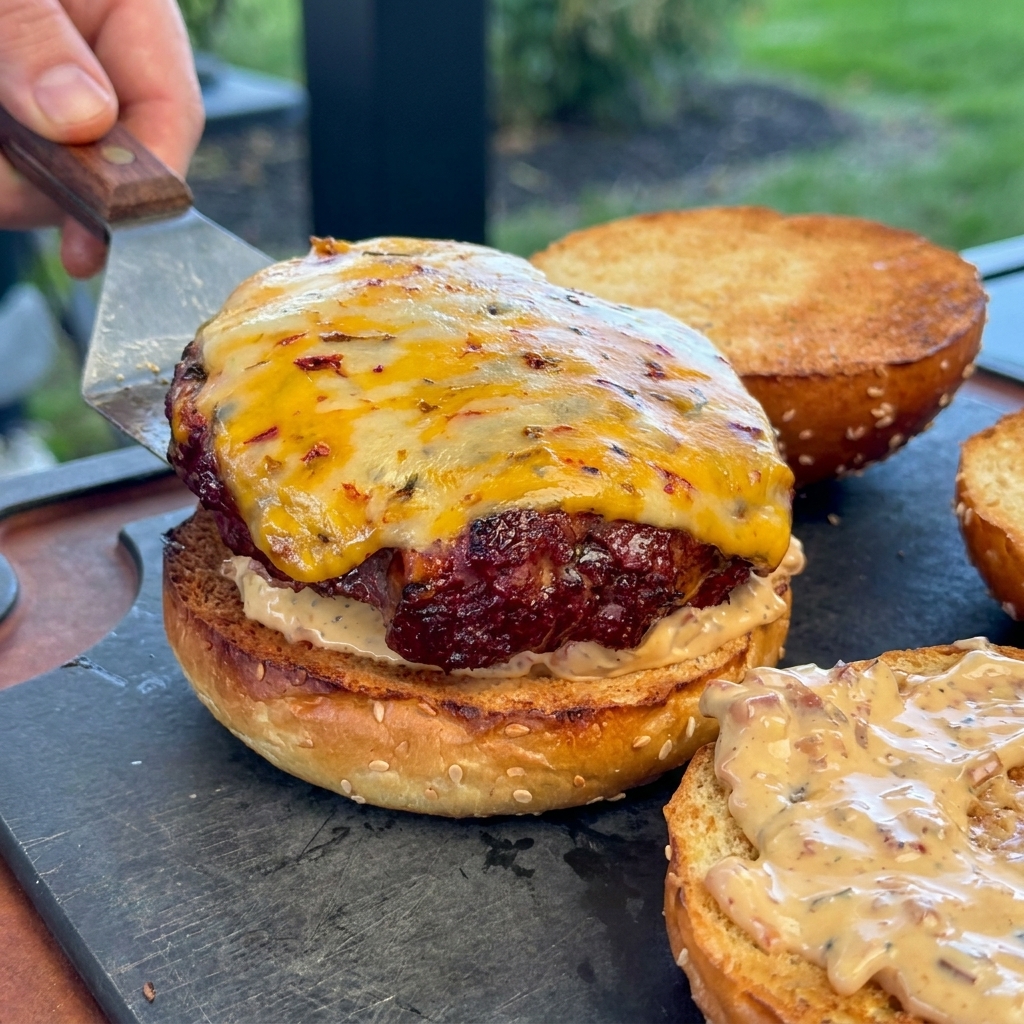 Una espátula de metal colocando una hamburguesa de res gruesa con queso derretido sobre un pan tostado con salsa de tocino.