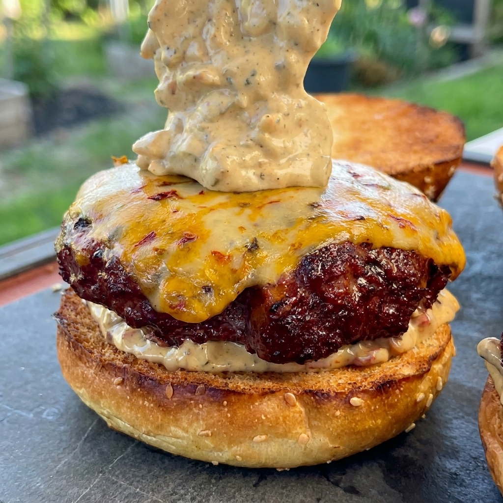Una cucharada grande de salsa de tocino espesa agregándose sobre el queso derretido de una hamburguesa ahumada asentada en su pan.