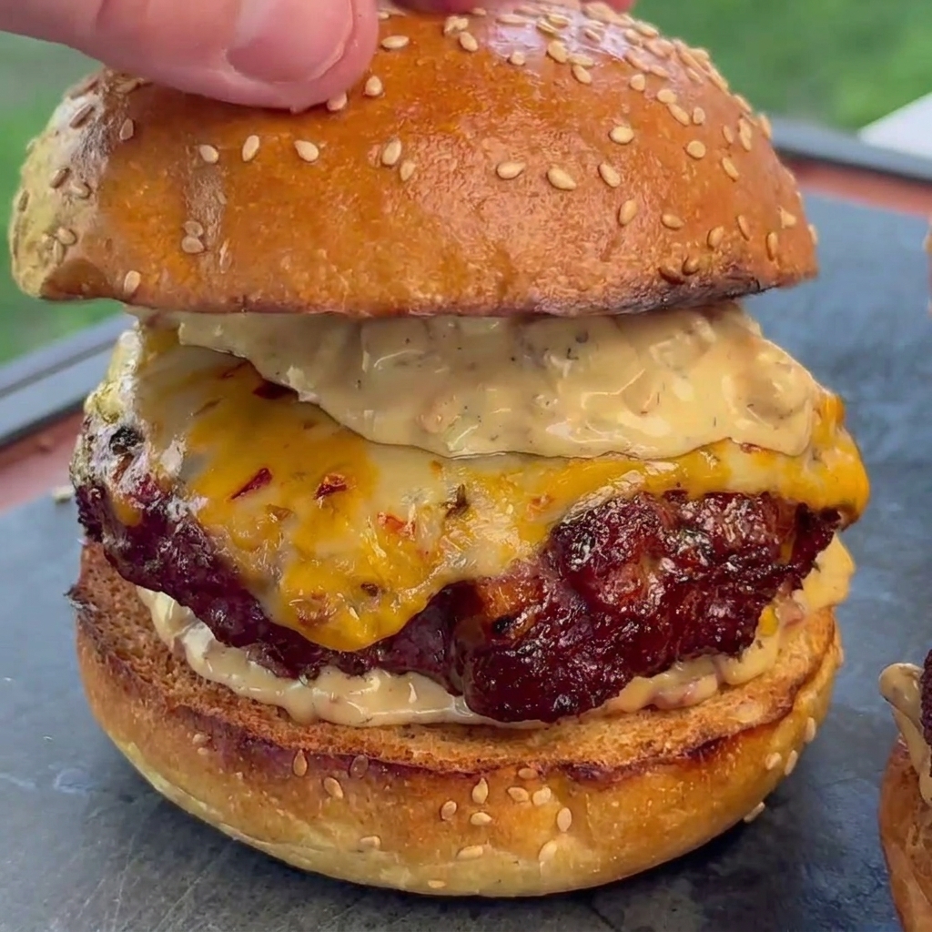 Una mano colocando la tapa de un pan con ajonjolí tostado sobre una hamburguesa gruesa cubierta de queso derretido y salsa.