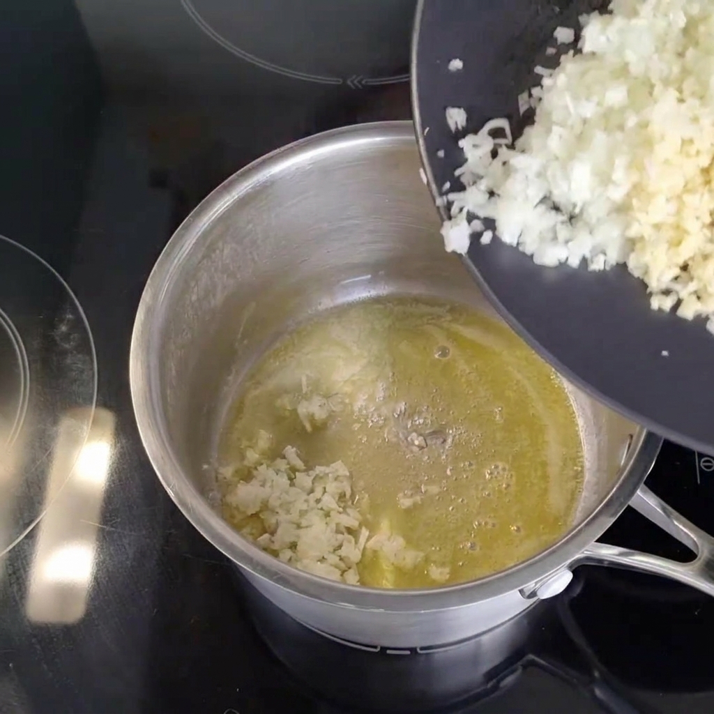 Cebolla y ajo finamente picados deslizándose desde un plato negro hacia una cacerola con mantequilla derretida.