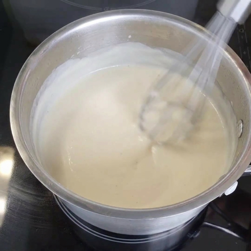 Un batidor de varillas metálicas agitando rápidamente una salsa blanca, suave y cremosa en una pequeña cacerola de acero inoxidable sobre una estufa de inducción.