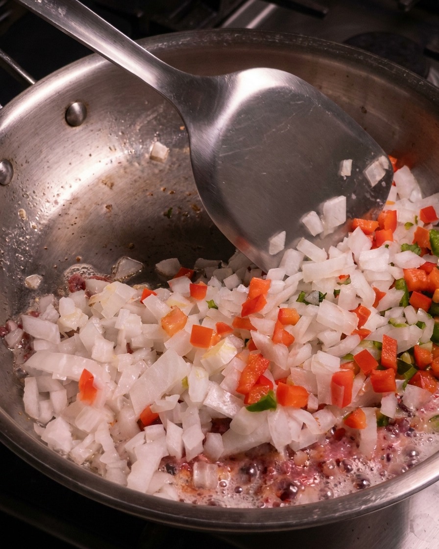 Una espátula de metal removiendo una colorida mezcla de cebolla picada, chiles y tocino que se cocina en una sartén de acero inoxidable.