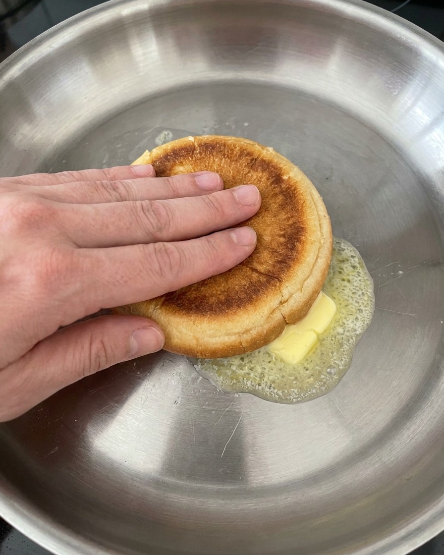Una mano presionando la mitad de un pan de hamburguesa boca abajo en mantequilla derretida burbujeante dentro de una sartén de acero inoxidable.