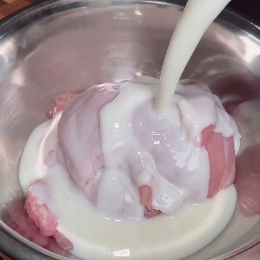Suero de leche fresco vertiéndose de una botella directamente sobre contramuslos de pollo crudos que reposan en un tazón de mezcla metálico.