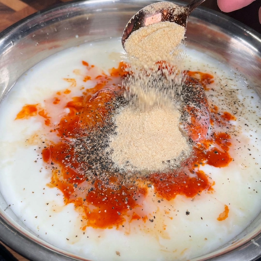 Una cucharada de ajo y cebolla en polvo agregándose a un tazón grande lleno de contramuslos de pollo, suero de leche, especias y salsa picante de color rojo brillante.