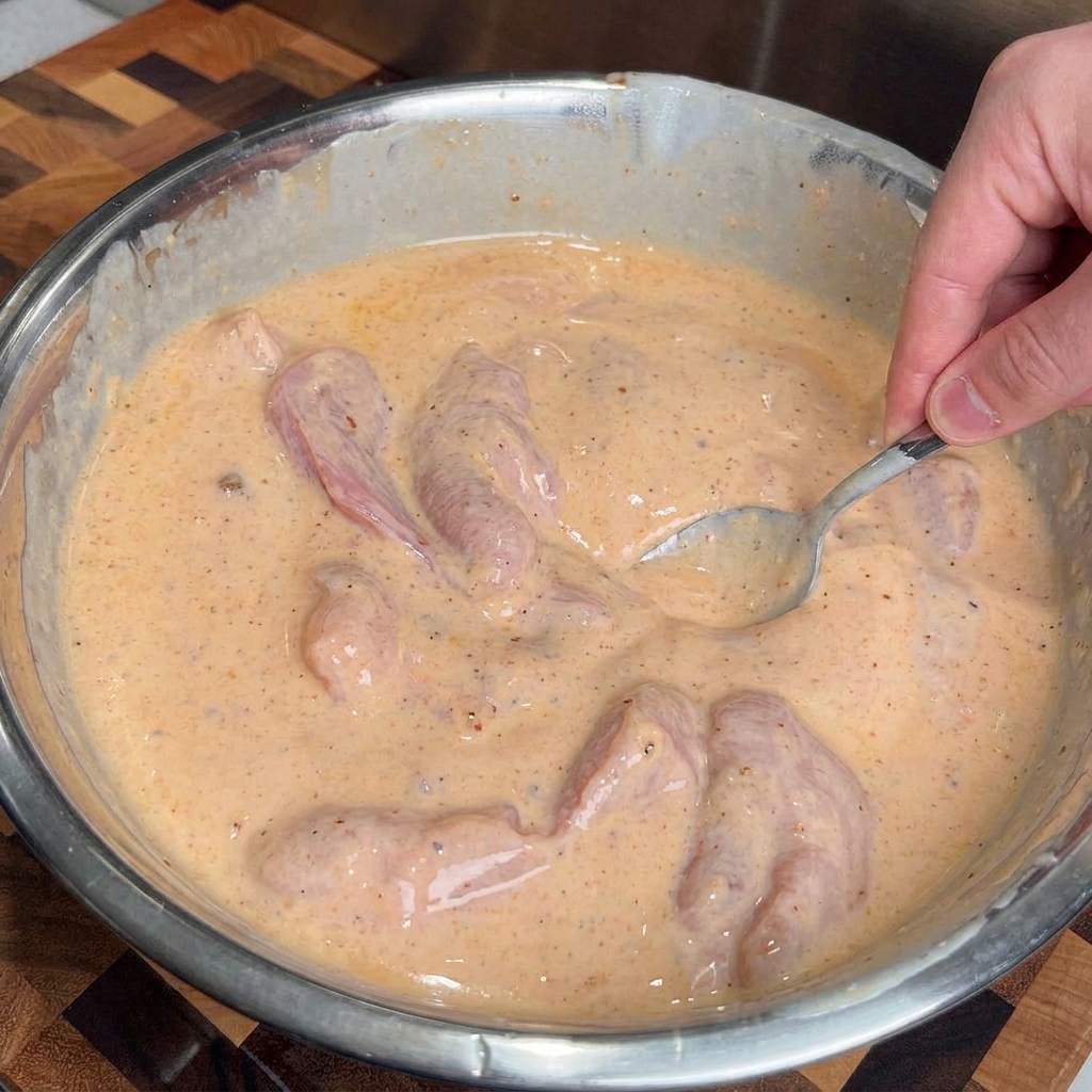 Una mano usando una cuchara para mezclar el marinado de suero de leche sazonado alrededor de trozos de pollo crudo en un tazón de acero inoxidable.