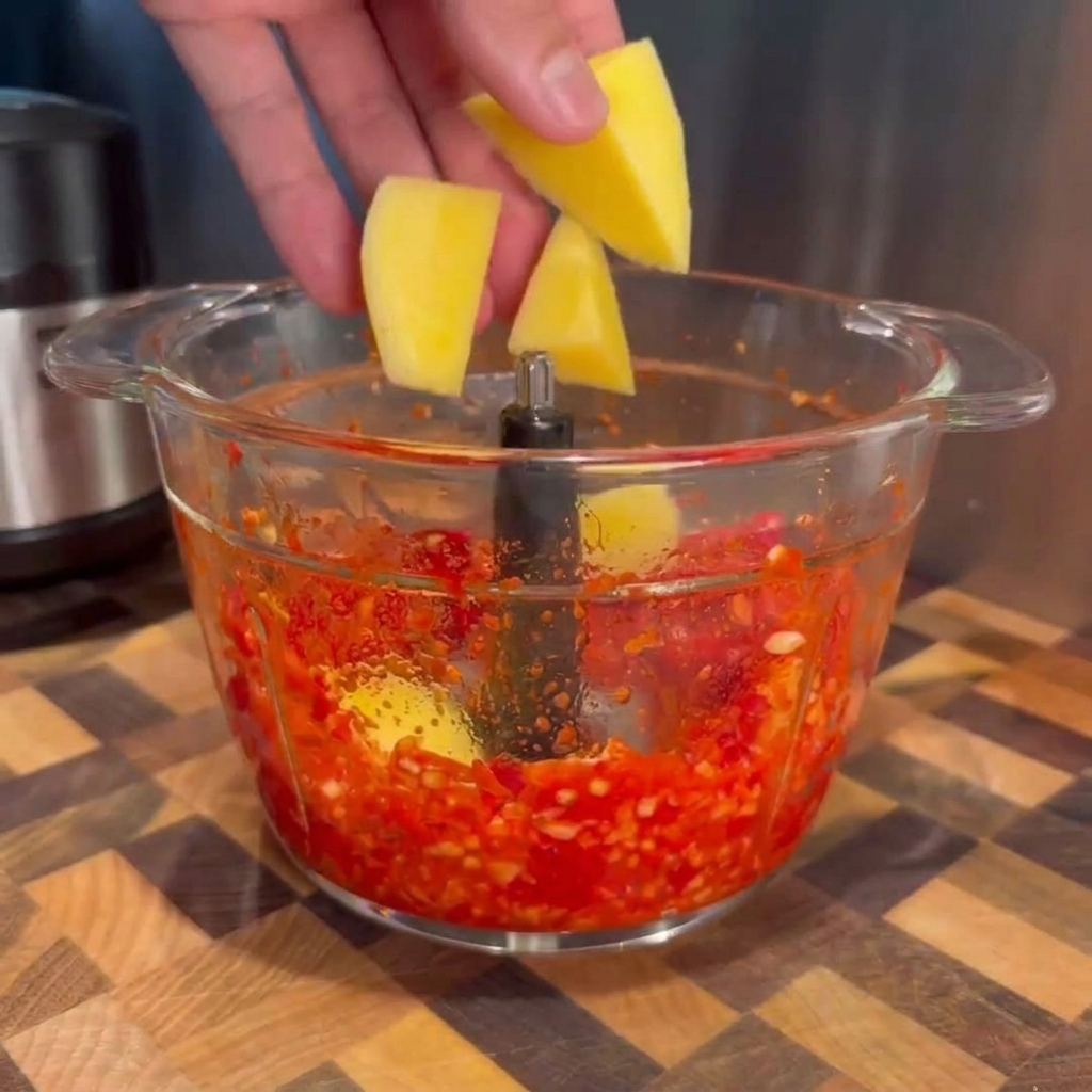 Trozos de mango amarillo fresco agregándose a un procesador de alimentos que contiene una pasta de chile rojo vibrante.