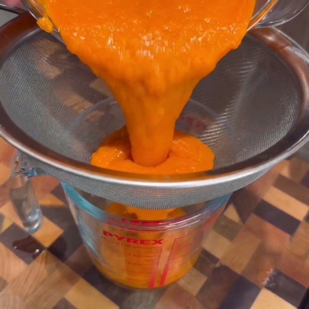Salsa picante suave y de color naranja brillante vertiéndose y colándose a través de un tamiz de metal fino en una taza medidora de vidrio transparente.