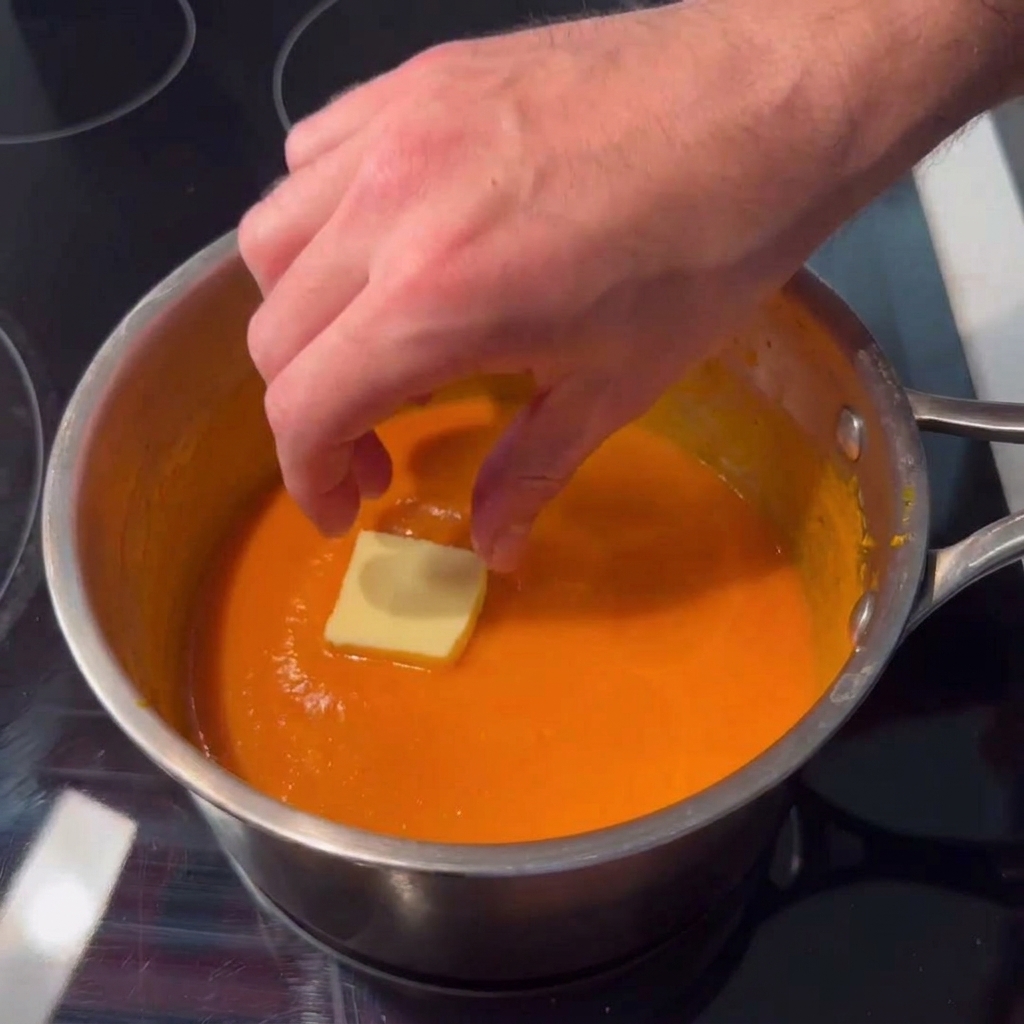 Una mano dejando caer un bloque cuadrado grueso de mantequilla en una salsa picante naranja que hierve a fuego lento dentro de una cacerola de acero inoxidable.