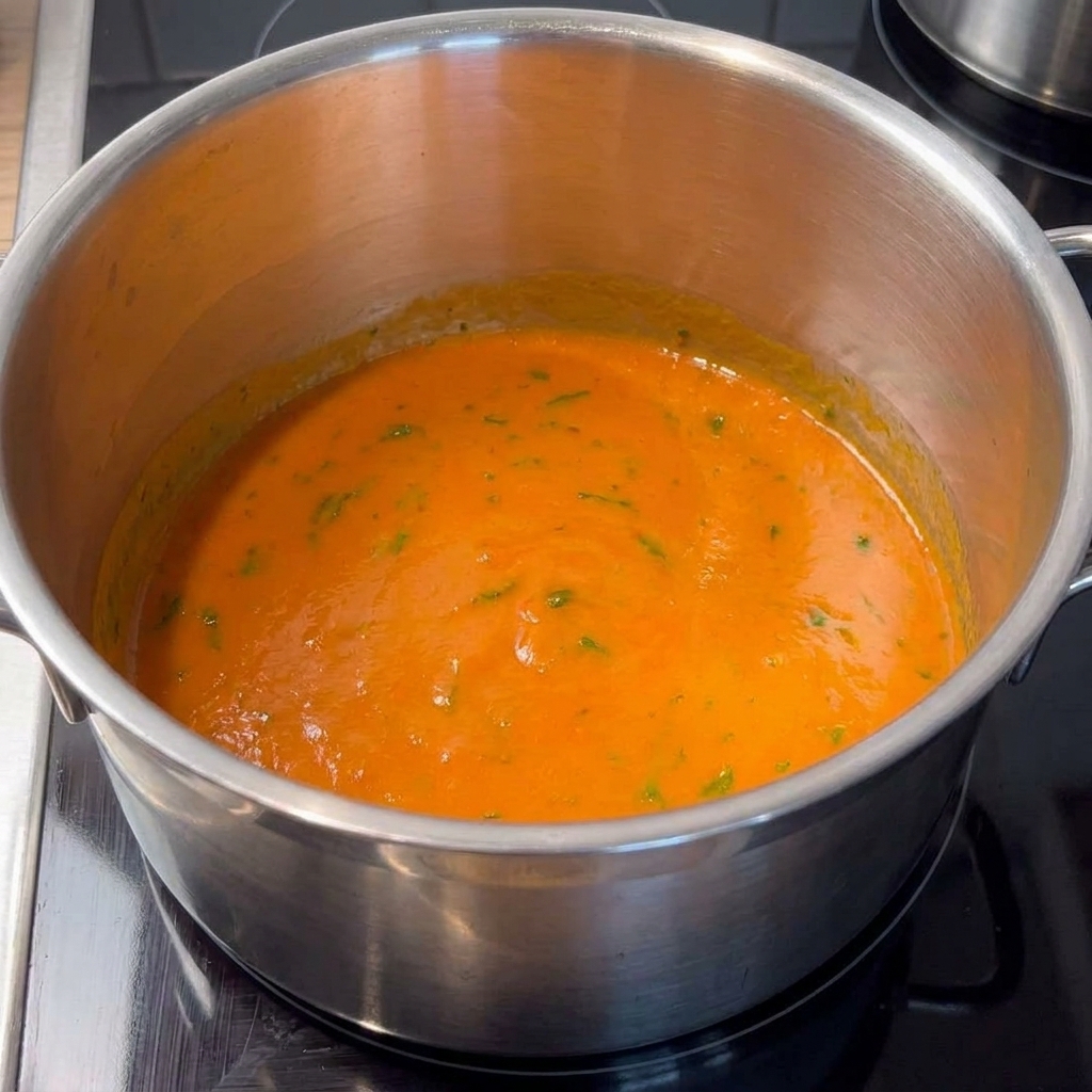 Una olla de acero inoxidable llena de una salsa buffalo rica, brillante y anaranjada, salpicada de cebollín verde finamente picado, reposando sobre una estufa.