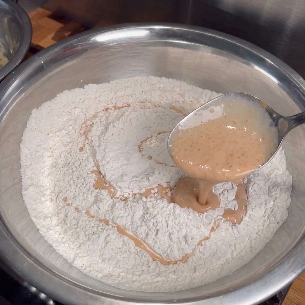 Una cuchara de metal rociando marinado cremoso de suero de leche anaranjado y sazonado en un tazón grande de harina blanca para formar pequeñas hojuelas de harina.
