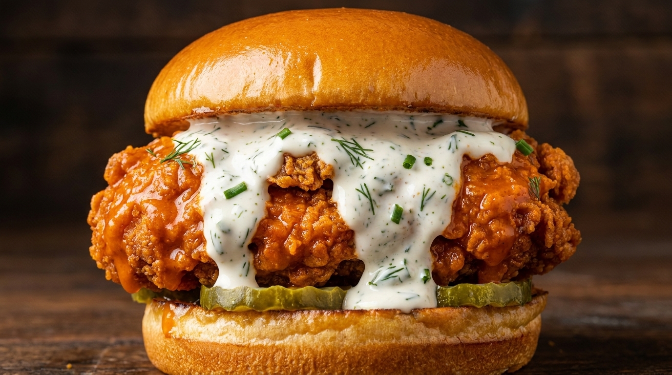 Hamburguesa de Pollo Frito Buffalo Gourmet con Ranch Casero de Mango