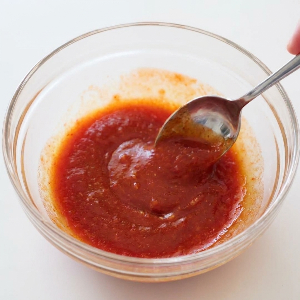 Una cuchara de metal removiendo la mezcla roja de salsa búfalo en un bol transparente.