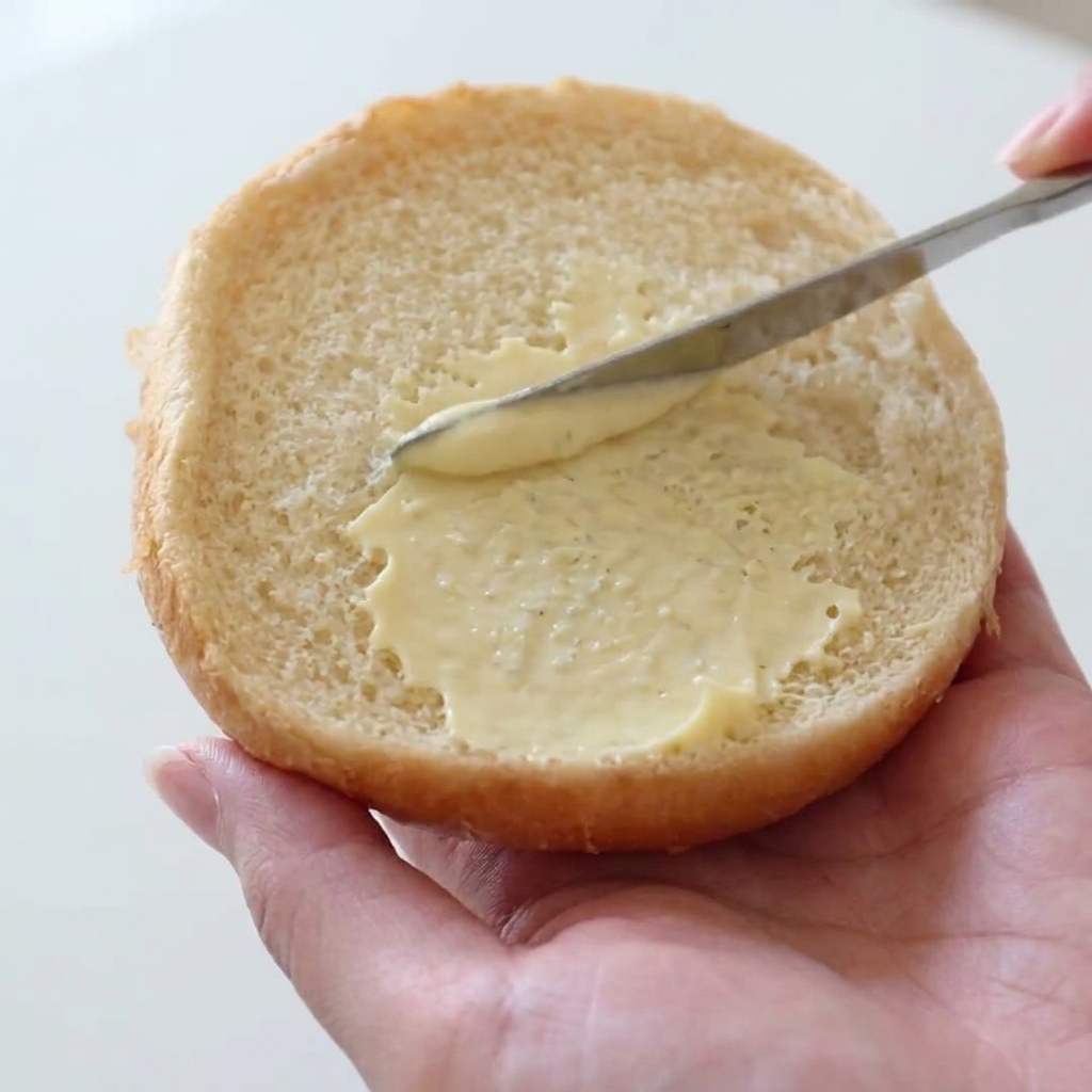 Una mano sosteniendo medio pan de hamburguesa mientras un cuchillo unta suavemente mayonesa por la superficie.