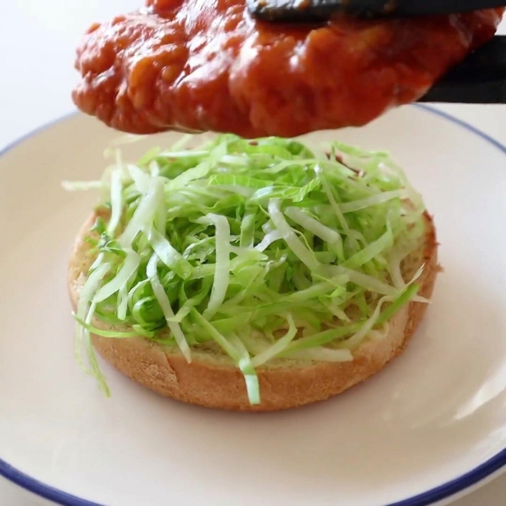 Unas pinzas negras sosteniendo un filete de pollo frito cubierto de salsa búfalo sobre un pan con lechuga.