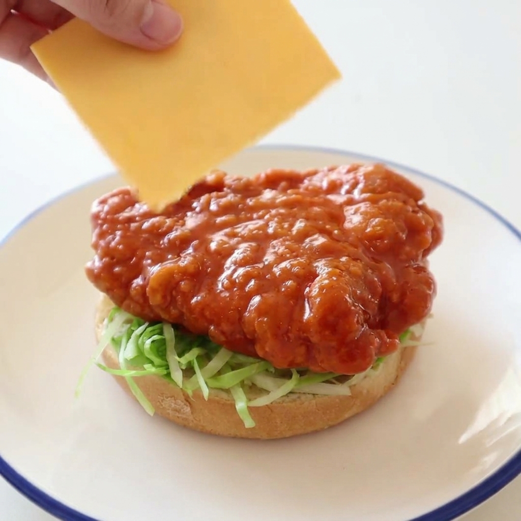 Una mano colocando una loncha cuadrada de queso cheddar sobre un filete de pollo cubierto de salsa búfalo.