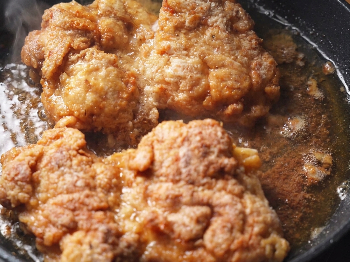 Contramuslos de pollo sellándose en aceite burbujeante dentro de una sartén, volviéndose crujientes y de color marrón dorado.