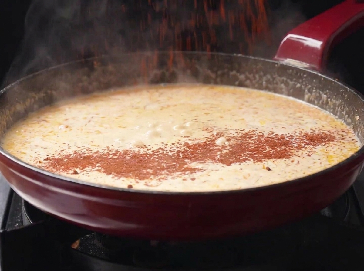 Chile en polvo espolvoreándose en una salsa cremosa burbujeante dentro de una sartén roja.