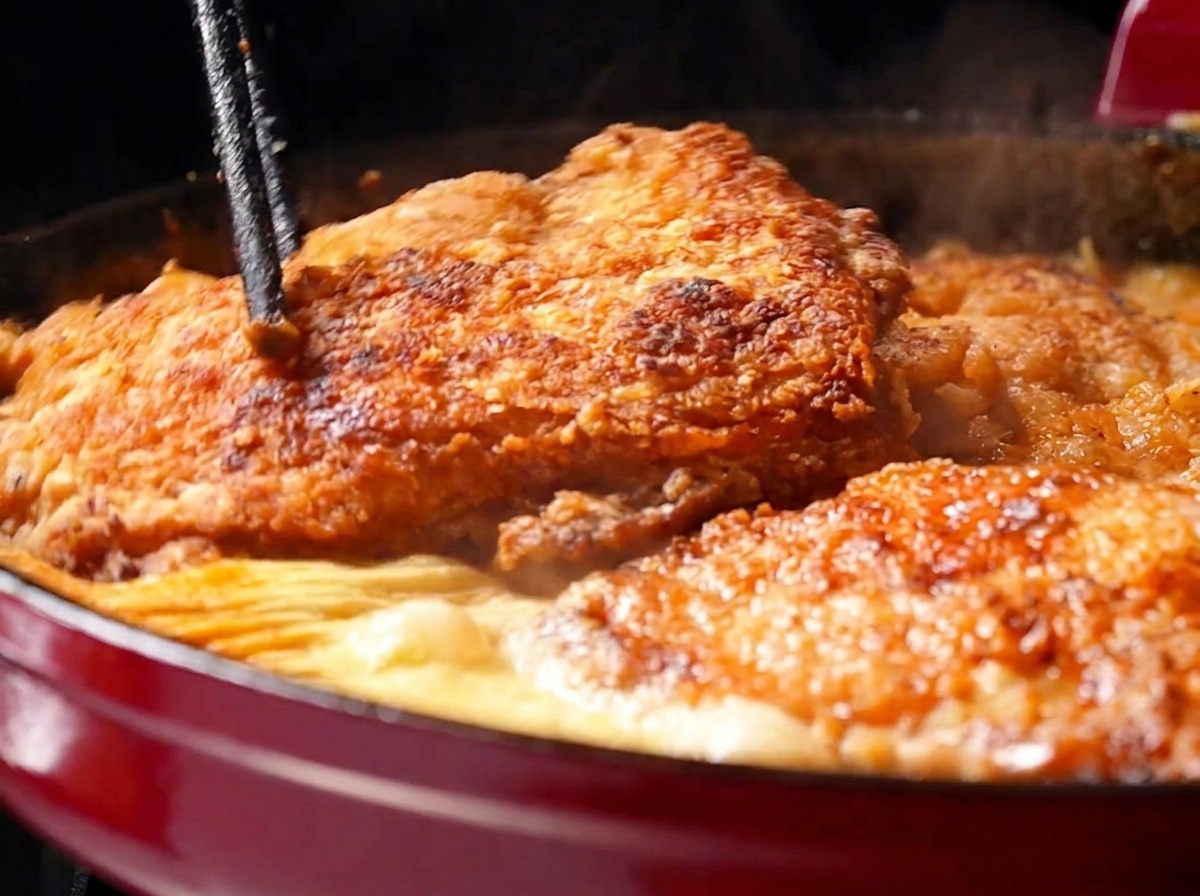 Contramuslos de pollo crujientes de color marrón dorado regresar a una sartén roja llena de una salsa cremosa de color naranja brillante que hierve a fuego lento usando palillos.