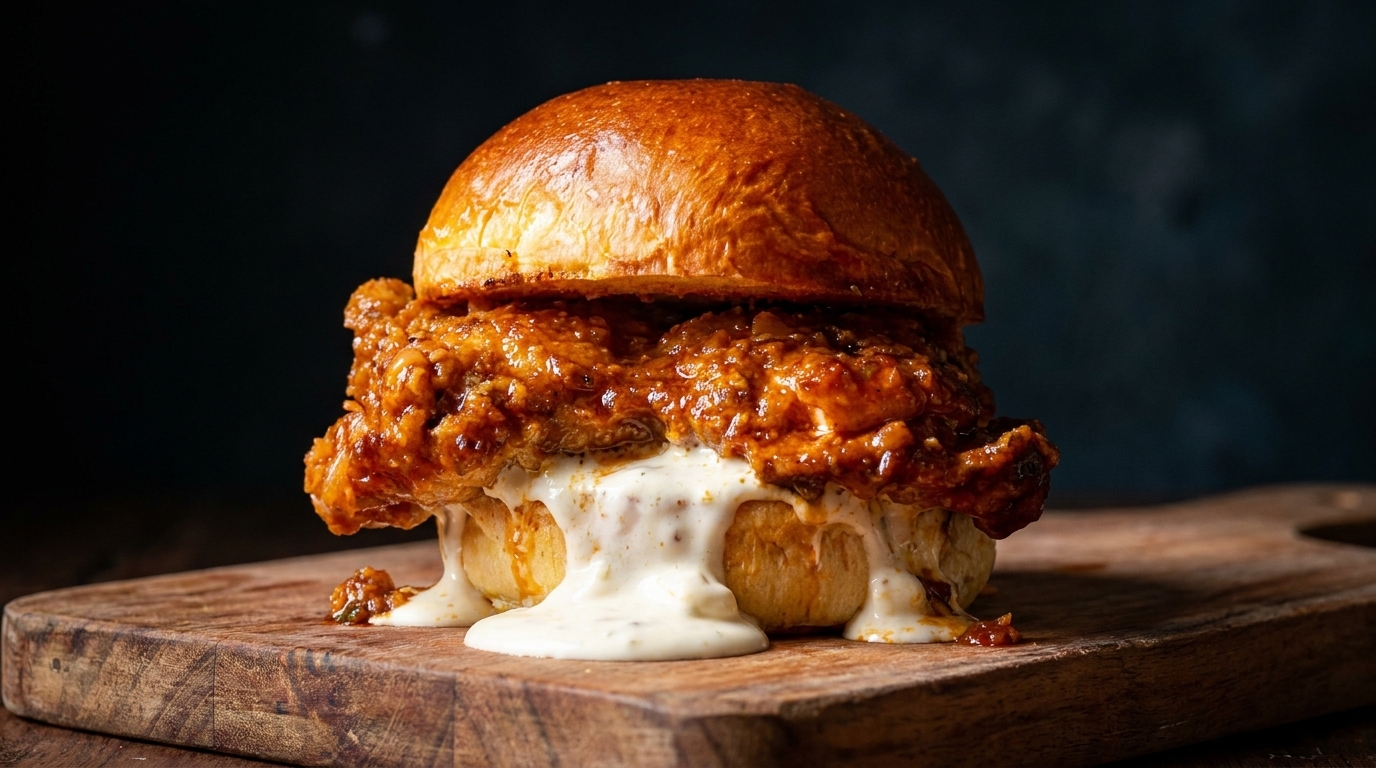 Hamburguesa de pollo cajún crujiente con salsa cremosa