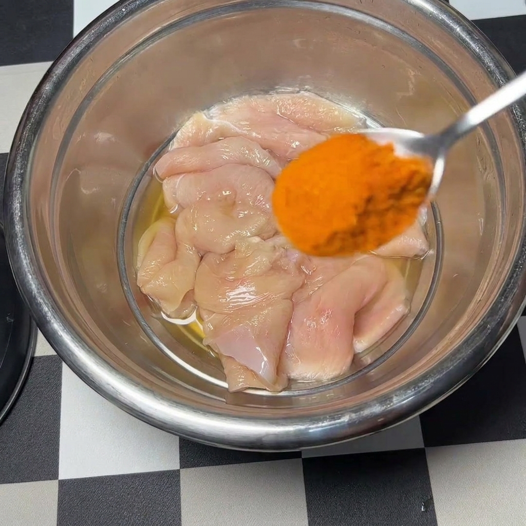 Una cuchara de metal con condimento en polvo de color naranja brillante sobre un tazón con filetes de pollo, un huevo entero y condimentos líquidos.