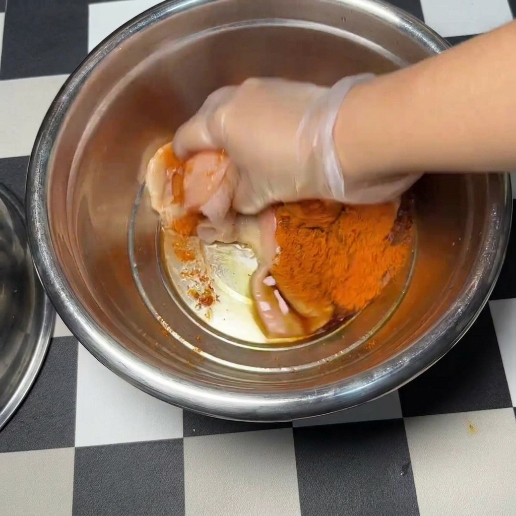 Una mano con un guante de plástico transparente masajeando piezas de pollo crudo en un tazón para mezclarlas uniformemente con un marinado de especias naranja rojizo.
